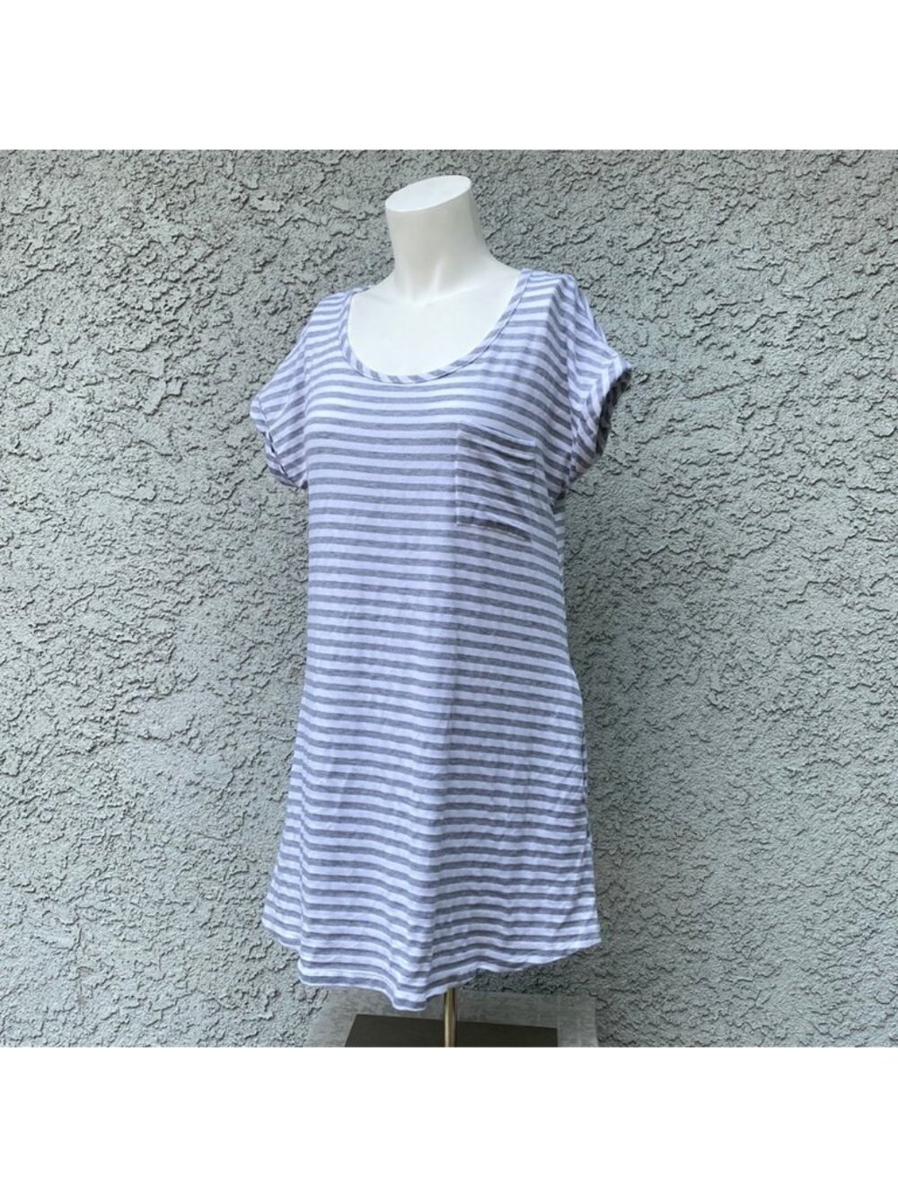 White and Gray Striped T-Shirt Swim Suit Coverup or Casual Dress with Pockets